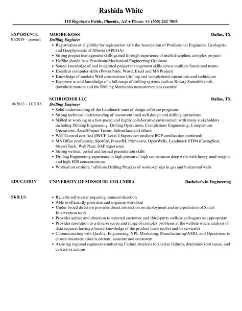 Drilling Engineer Resume Samples | Velvet Jobs