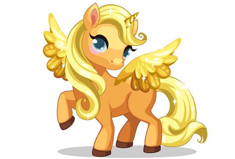 Cute little baby unicorn with beautiful golden hairstyle and wings ...