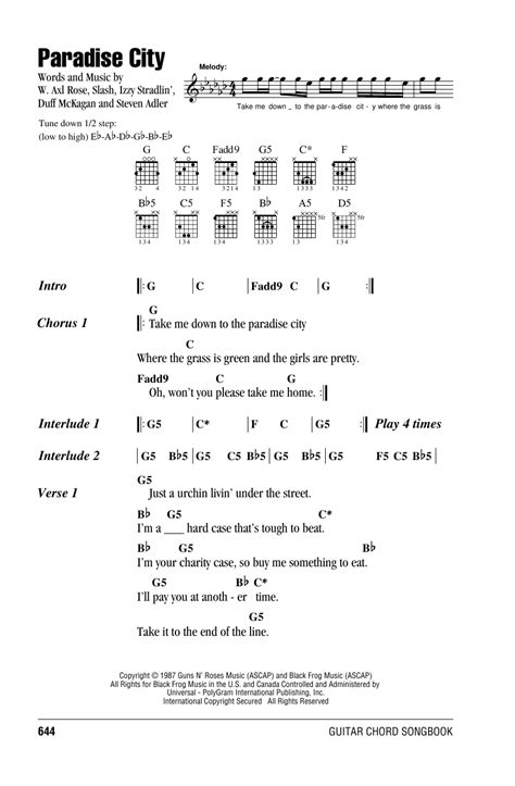 Paradise City von Guns N' Roses Noten zum Akkorde/Liedtexte für Gitarre bei Sheet Music Direct