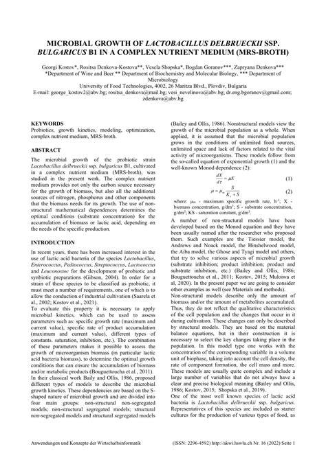 (PDF) MICROBIAL GROWTH OF LACTOBACILLUS DELBRUECKII SSP. BULGARICUS B1 ...