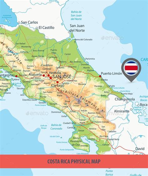 Costa Rica Physical Map San Rafael, Manila, Costa Rica, Rivers And ...