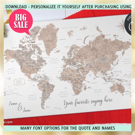 Personalized PRINTABLE world map with countries, states and country capitals, "Abey", edit-it ...