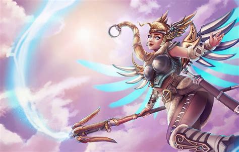 The sky, girl, clouds, wings, goddess, fan art, Valkyrie, overwatch ...