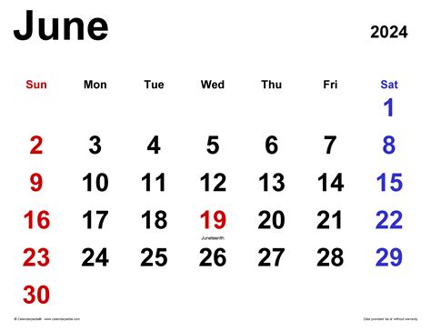 June 2024 Calendar | Templates for Word, Excel and PDF