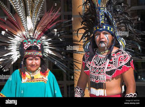 Indian man and woman posing in traditional costume, Teotihuacan, Mexico ...