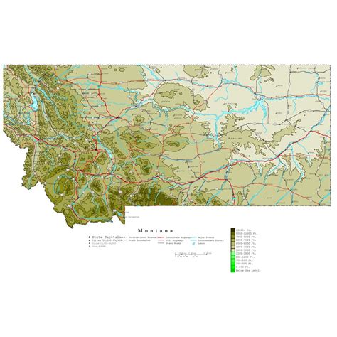 Laminated Map - Large detailed elevation map of Montana state with ...