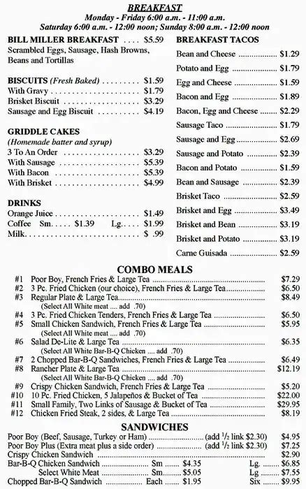 Menu at Bill Miller Bar-b-q, Austin, N Interstate Hwy 35