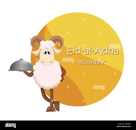 Eid al Adha Mubarak greeting card with funny ram holding restaurant ...