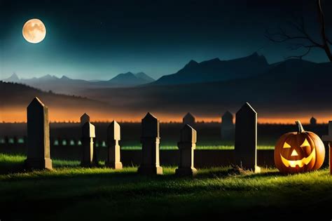 Premium Photo | A graveyard in the night with mountains in the background.