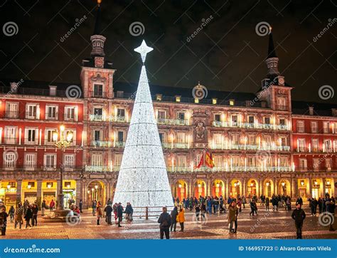 Plaza Mayor Square Illuminated By A Shinny Christmas Tree. Madrid, Spain Editorial Photo ...