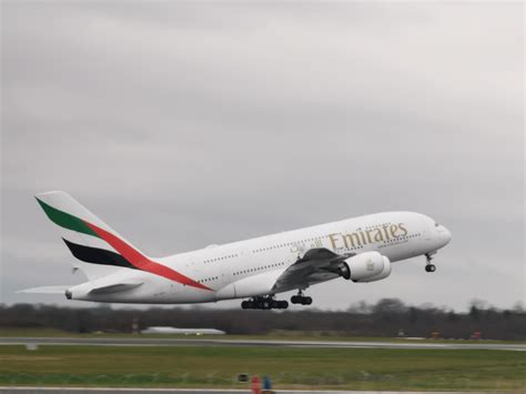 Emirates A380 taking off from Manchester, UK this afternoon. : r/aviation