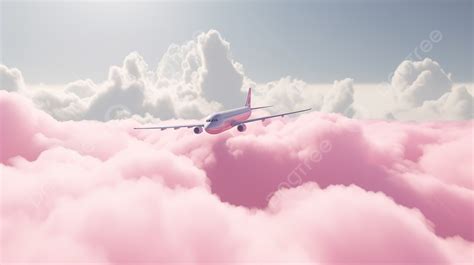 Pink Airplane Flying Over Clouds Background, 3d Render A Pink Plane Flies Through White Clouds ...