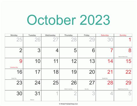 October 2023 Calendar Printable with Holidays | Whatisthedatetoday.Com