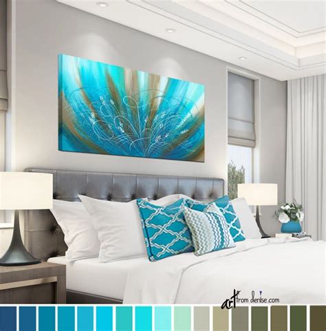 Blue & Brown Abstract Floral Canvas Wall Art, Long Horizontal Flower Art Work, Aqua Turquoise ...