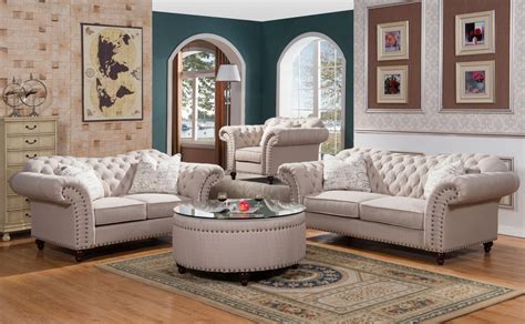 McFerran SF1709 Traditional Linen Fabric W/ Tufted Back Living Room Sofa Set 3Pc - Sofas ...