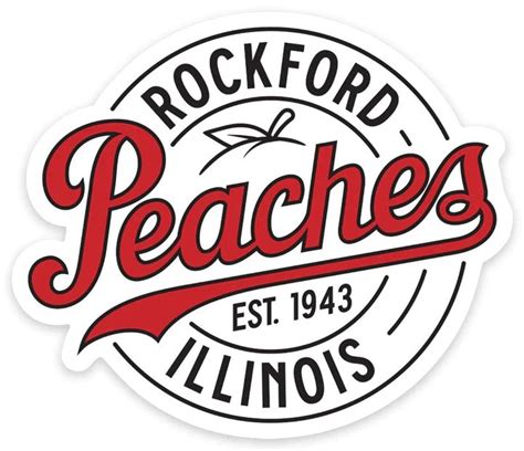 the rockford peaches logo is shown in red and black on a white background