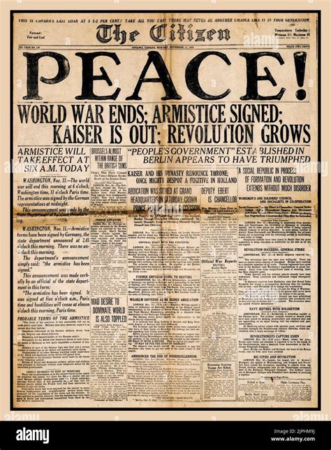 PEACE WW1 Ends. Newspapaper headline 'PEACE' dated November 11th 1918 ...