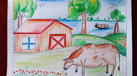 How to draw scenery of cattle farm step by step, how to draw a Cow easy // Step by Step Tutorial ...