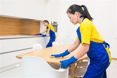 Professional Cleaning Service. Two Women in Working Uniform, in Aprons, Divide the Cleaning of ...