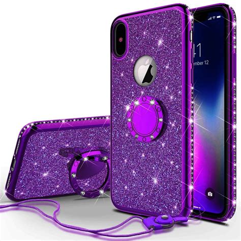 Glitter Cute Ring Stand Phone Case for Apple iPhone X Case,Bling Bumper Kickstand Sparkly Clear ...