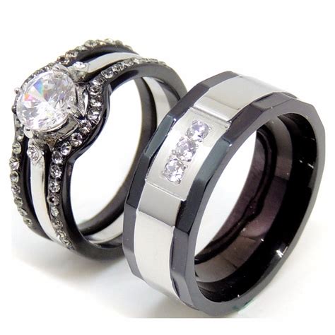 Couple Ring Set Women Black Stainless Steel Promise Ring Mens 3 CZs We – LA NY Jewelry