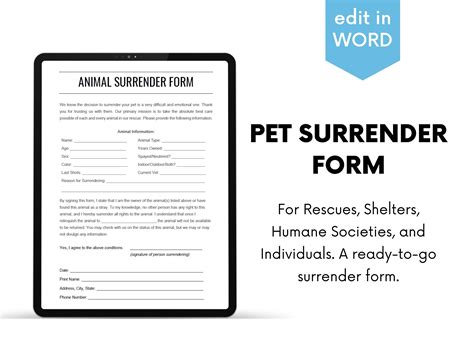 Pet, Dog, Cat Surrender Form/contract for Shelters, Rescues, and ...