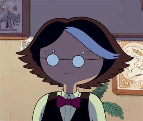 an animated image of a woman with glasses and a bow tie standing in front of pictures on the wall