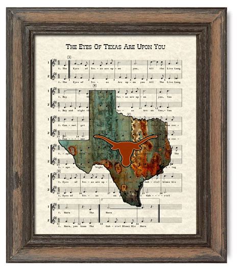 Texas Longhorns Art Print, UT Austin Fight Song, The Eyes Of Texas Are Upon You Song Lyric Sheet ...