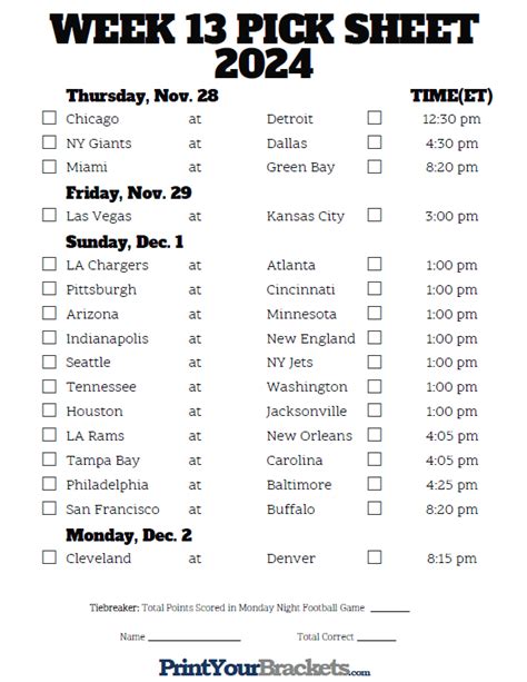 Football Pick Em Pool Weekly Printable Sheet