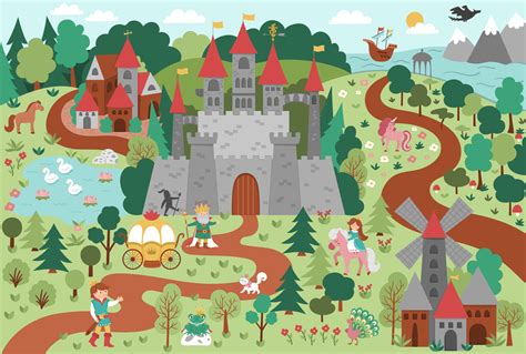 vector ilustración de reino de cuento de hadas. Castillo de fantasía y ...