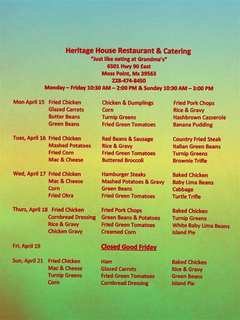 Menu at Heritage House restaurant, Moss Point, US-90