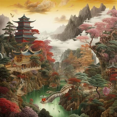 Premium AI Image | Asian landscape illustration