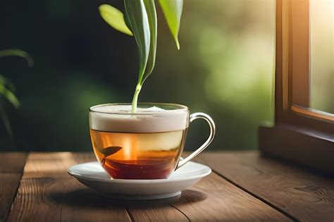 Premium AI Image | a cup of tea with a leaf in the background