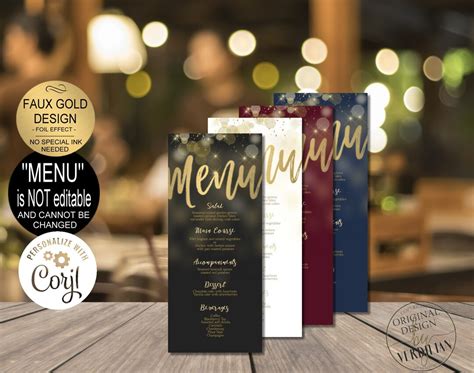 Gold Menu Template Printable Birthday Wedding Menus or New Year Party ...