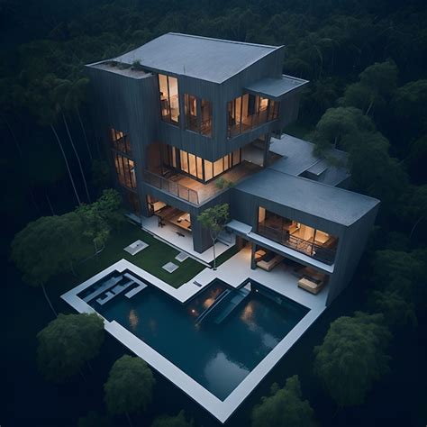 Premium Photo | Photo of a stunning modern house illuminated at night from an aerial view