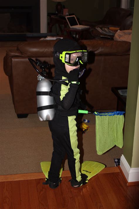 Homemade Finding Nemo Diver costume. Black long underwear. Neon green ...