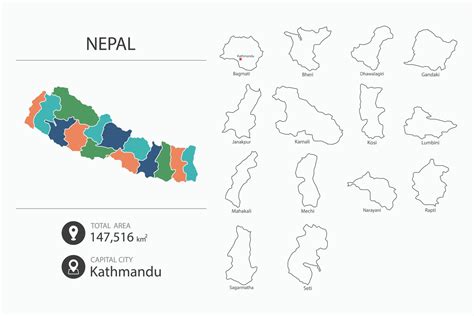 Map of Nepal with detailed country map. Map elements of cities, total ...