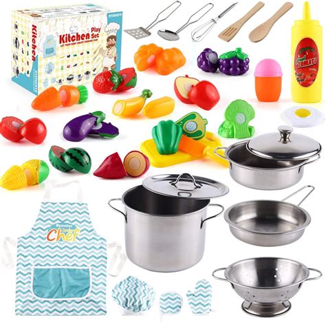 35 Pcs Kitchen Pretend Play Accessories Toys,Cooking Set with Stainless Steel Cookware Pots and ...