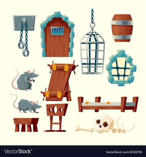 Cartoon medieval prison set torture Royalty Free Vector