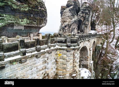 Bastei bridge in Saxon Switzerland in cold winter Stock Photo - Alamy