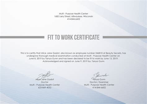 Free Fit to Work Certificate Template in Microsoft Word, Microsoft Publisher, Adobe Illustrator ...