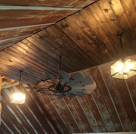 Rustic barn tin ceiling with windmill ceiling fan | Rustic ceiling ...