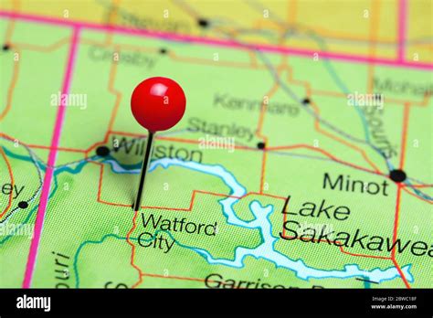 Watford City pinned on a map of North Dakota, USA Stock Photo - Alamy