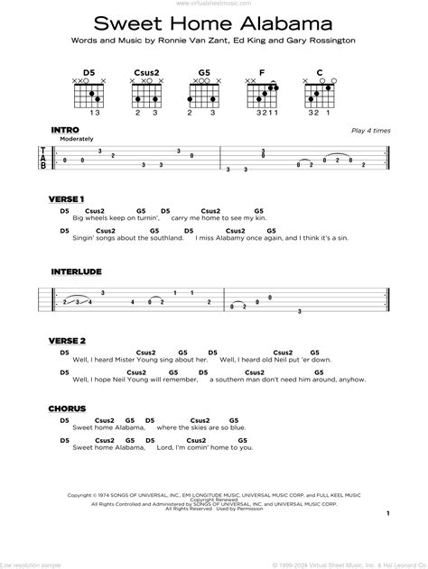 Sweet Home Alabama, (beginner) sheet music for guitar solo (PDF)