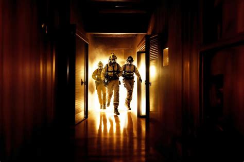 Premium Photo | Firefighters in uniforms and respirators with helmets running down corridor in ...