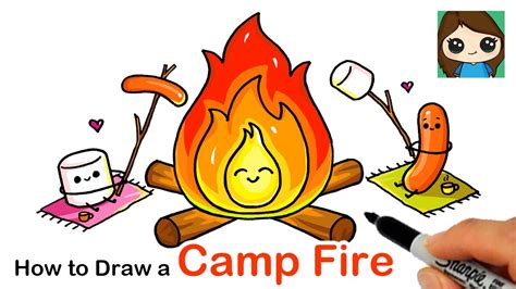 How to Draw a Camp Fire Roasting Marshmallow and Hot Dog