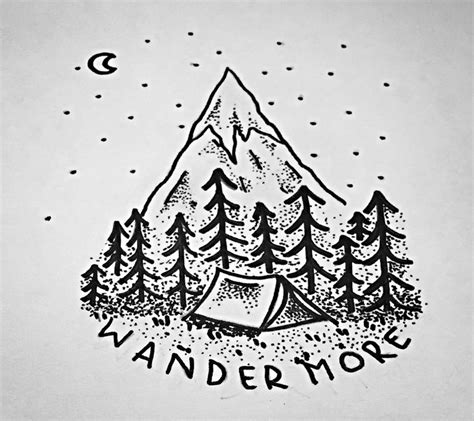 a drawing of a tent and trees with the words wander more written on it ...