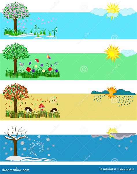 Four Seasons. Spring, Summer, Fall, Winter. Set of Vector Illustrations for Calendars and ...