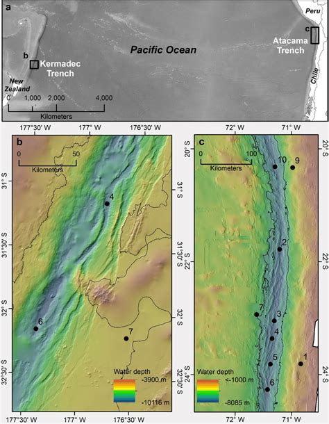 Study areas in the Kermadec Trench and the Atacama Trench regions in ...