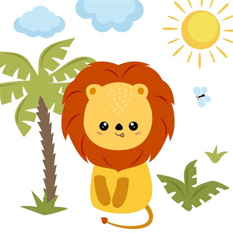 Vector illustration, adorable lion is sitting in jungle palm 36600822 ...